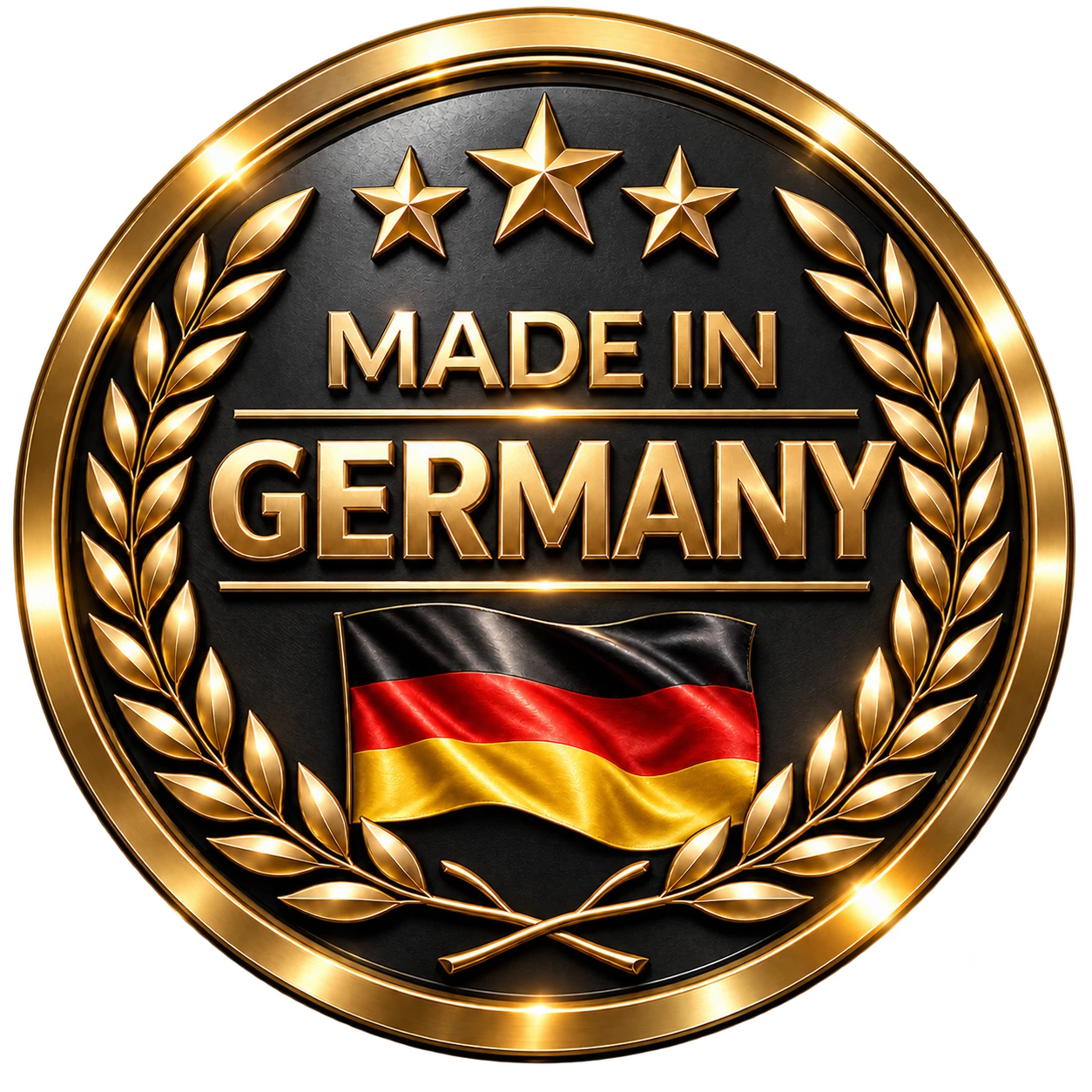 Made in Germany: goldfarbenes Qualitätssiegel mit Deutschlandflagge